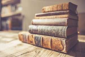 Old books on a table.