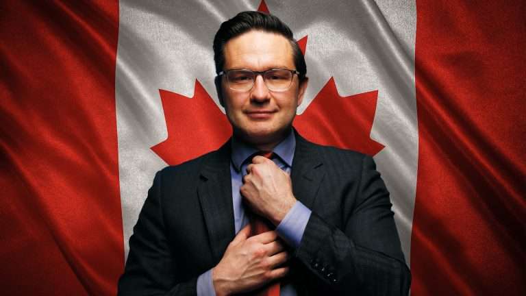 Pierre Poilievre in front of a Canadian flag.