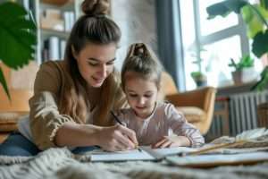 Mother showing daughter how to draw.