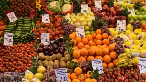 Produce section in a grocery store.